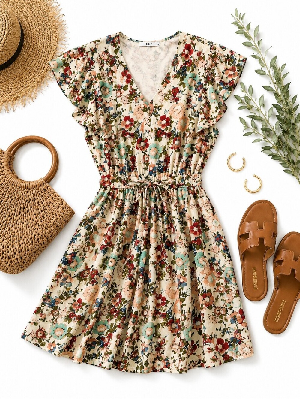 DR2 Cream Floral V-Neck Midi Dress - Picture 1 of 5